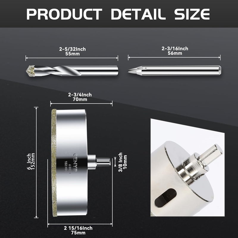 cenyb 6inch | 152mm Diamond Hole Saw with Center Drill bit and Diamond-Coated Center Drill bit for Ceramic Glass Marble Fiberglass Granite and Porcelain Tiles by - Image 2